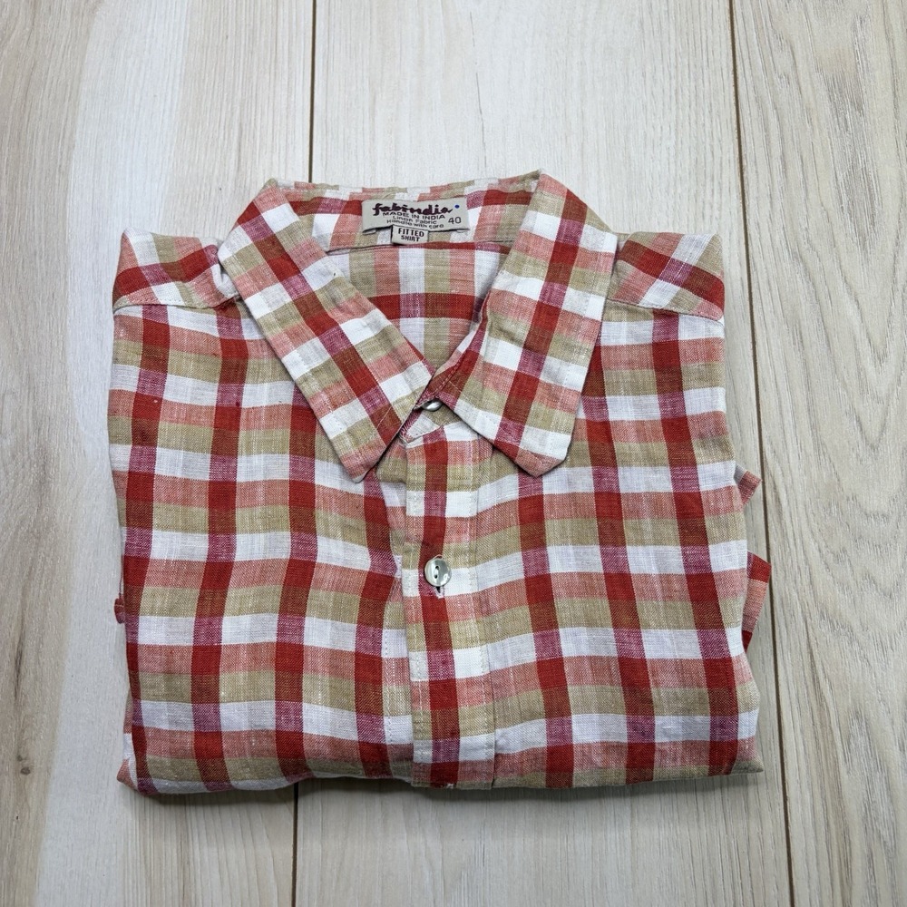 Fabindia Mens Plaid Linen Button Up Dress Shirt Multicolor Size 40 Fitted